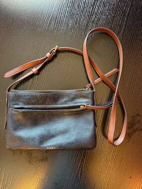 Fossil Black Pebbled Leather Crossbody with Brown Strap